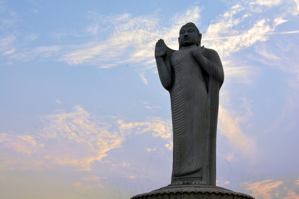 Statue of Lord Buddha, Hyderabad, Telangana, India. It is the world's tallest monolith of Gautama Buddha, erected on Gibraltar Rock in the middle of Hussain Saggar lake.